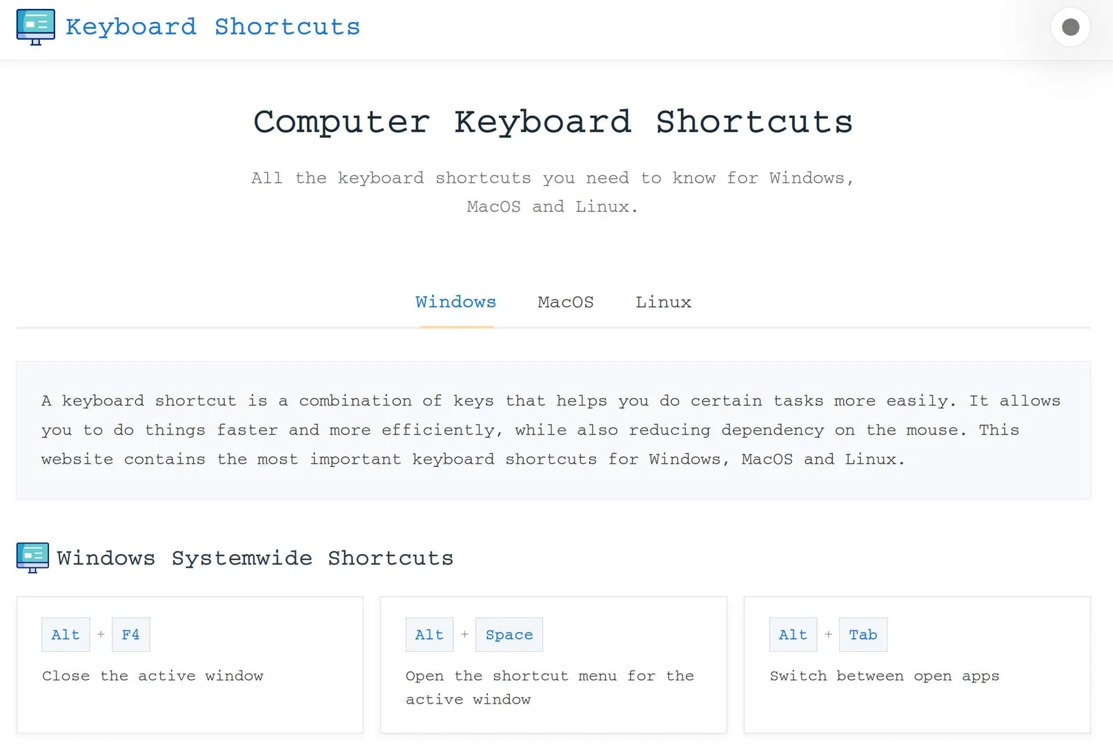 Online Keyboard Shortcuts screenshot