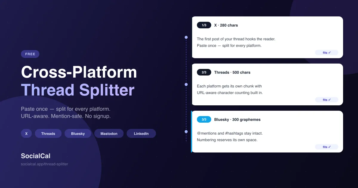 Thread Splitter — X, Threads, Bluesky, Mastodon & LinkedIn screenshot